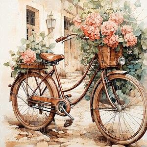 Printable Art - Vintage Wheels in Bloom - A Vintage Bicycle Adorned With Flowers - Landscape Art - Watercolor Art