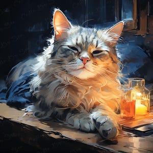 Digital Art - Feline Glow - A White Cat Sitting By Candles By A Window - Feline Art - Watercolor Art