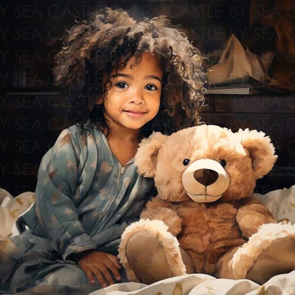 Printable Art - Nighttime Comfort - A Black Child And Her Teddy Bear Getting Ready For Bed - Children Art - Watercolor Art