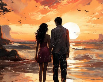 Arte digital - Juntos al anochecer - Pareja romántica al atardecer en la playa - Arte de pareja - Arte de acuarela