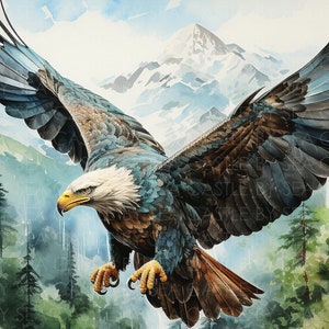 Printable Art - Nature&#39;s Majesty - An Eagle Soars Above A Lush Forest - Animal Art - Watercolor Art