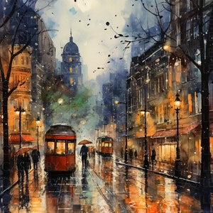 Könnte beinhalten: Ein Aquarellbild einer Straßenszene in der Stadt mit einer roten Straßenbahn, Fußgängern und Gebäuden im Hintergrund. Die Straße ist nass vom Regen und die Gebäude sind mit warmen gelben Lichtern beleuchtet.