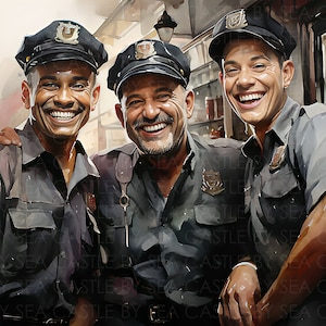 Printable Art - Smiles in Uniform - Three Smiling Police Officers - Contemporary Art - Watercolor Art