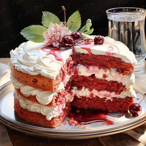 Könnte beinhalten: Ein roter Samtkuchen mit weißem Frosting und Kirschen darauf. Der Kuchen ist in der Mitte durchgeschnitten und das Innere ist sichtbar. Der Kuchen steht auf einer silbernen Platte und im Hintergrund steht ein Glas Wasser.