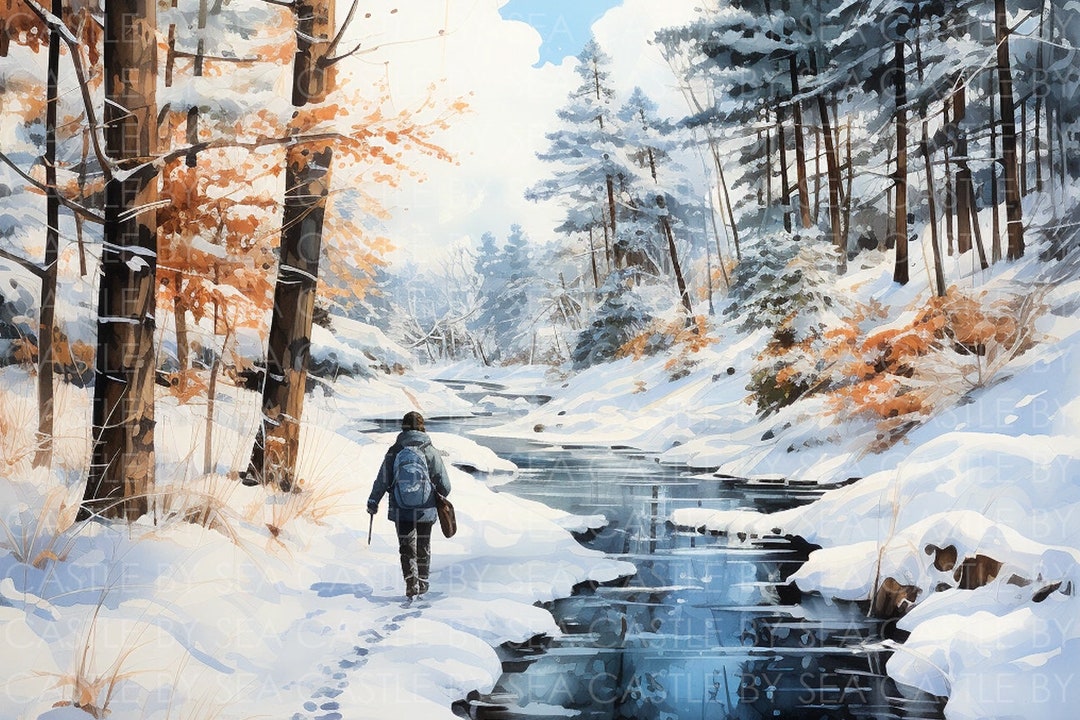 Illustration of Robert Frost walking through a snowy forest