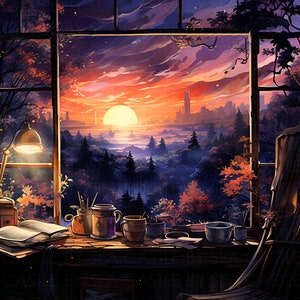 Druckbare Kunst - Sonnenuntergang am Schreibtisch - Eine Sonnenuntergangsszene vom Schreibtisch aus - Büro mit vollgestopftem Schreibtisch - Wandkunst - Aquarellkunst