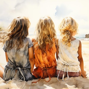 Digital Art - Shoreline Secrets - Three Little Girls Sitting On The Beach Together - Children Art - Watercolor Art