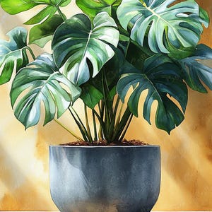 May include: A watercolor painting of a potted Monstera plant with large, green leaves. The plant is in a light blue ceramic pot and is sitting on a wooden surface.