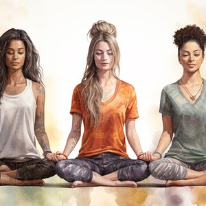 May include: Three women are sitting in a yoga pose with their eyes closed. The woman on the left is wearing a white tank top and black trousers. The woman in the middle is wearing an orange t-shirt and black trousers. The woman on the right is wearing a green t-shirt and black trousers.