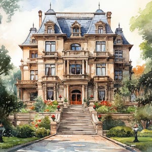 Digital Art - Timeless Manor - A Mansion On A Lush Estate - Watercolor Art - Landscape Art