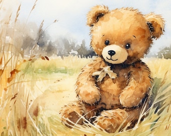 Printable Art - Teddy's Golden Haven - Painting Of A Teddy Bear Sitting In A Wheat Field - Watercolor Art - Toys