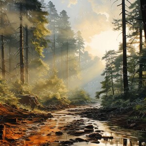 Digital Art - Golden Creeklight - Sunlit Forest Stream Landscape - Nature Art - Watercolor Art