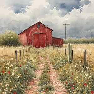 Rustic Red Barn Watercolor Art Print: Wildflower Field Landscape (Digital Download)