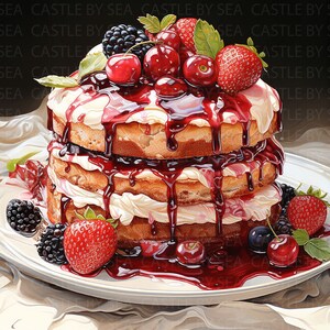 Printable Art - Berry Elegance - Strawberries And Cherries On A Frosted Layer Cake - Food Art - Watercolor Art