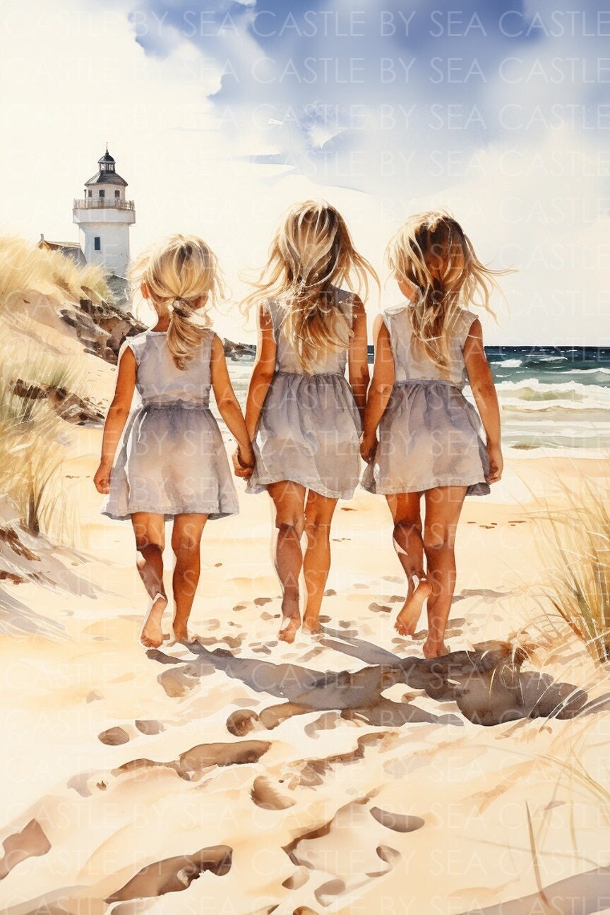 Printable Art - Seashell Sisters - Three Blonde Girls Walking Hand