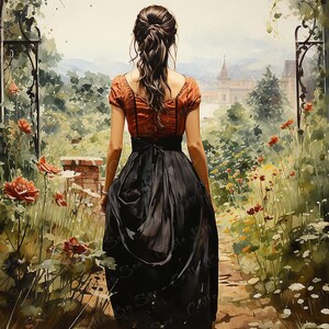 Arte digital - A través del jardín - Una mujer victoriana paseando por un jardín olvidado - Arte victoriano - Arte de acuarela