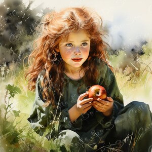 Printable Art - By The Apple Tree - Redhead Girl In A Field With An Apple - Watercolor Art - Childhood Memories