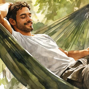 Printable Art - Sunny Day Lounging - A Man Relaxing In His Backyard Hammock On A Sunny Day - Watercolor Art - Male Art