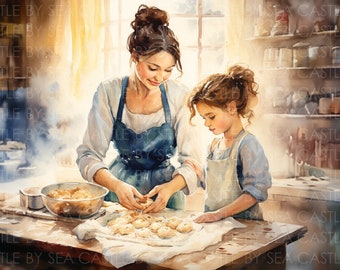 Printable Art - Baking Beauties - A Mother And Daughter In The Kitchen Baking Together - Family Art - Watercolor Art