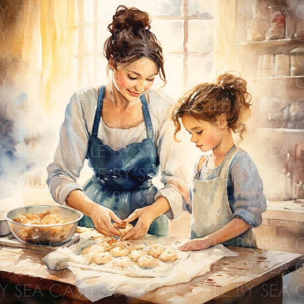 Printable Art - Baking Beauties - A Mother And Daughter In The Kitchen Baking Together - Family Art - Watercolor Art