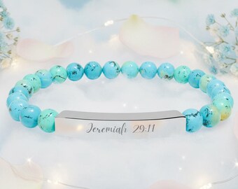Custom Personalized and Laser-Engraved Stainless Steel Turquoise Natural Stone Stretch Bar Bracelet