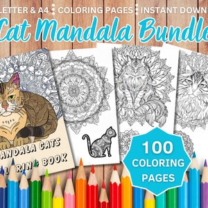 Coloring Book | Adult Coloring Pages |100 Mandala Cats | Digital Coloring Pages Kids Coloring Book | Coloring Pages for Children & Adults