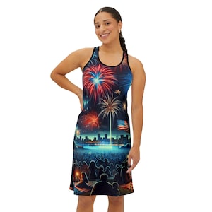 Vaterländisches Feuerwerk Racerback Kleid für Sommer Feiern, Freizeitkleidung, Fourth of Juli Kleid, Festival Outfit, Outdoor Event
