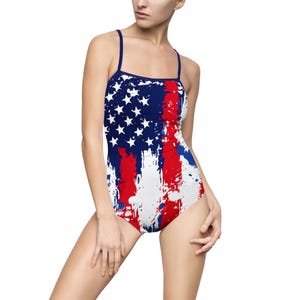 Patriotic Women&#39;s One-Piece Swimsuit, USA Flag Swimwear, Summer Beach Fashion, Independence Day Outfit, Vacation Essentials