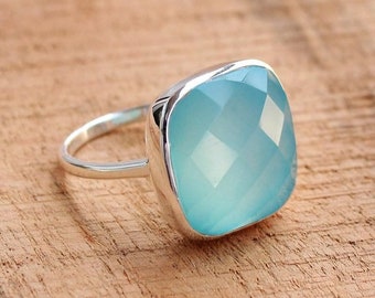 Aqua chalcedony ring, chalcedony jewelry, 925 sterling silver ring, wedding ring, handmade gift ring, statement ring, women ring