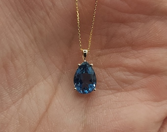 London Blue Topaz Pendant, 925 Sterling Silver Pendant Necklace, 14Kt Gold Plated Blue Topaz Teardrop Necklace, November Birthstone Necklace