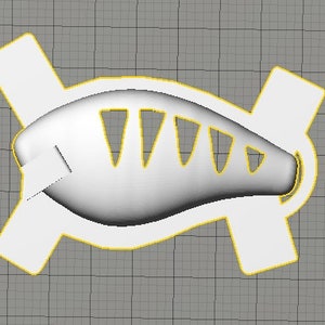 May include: A 3D-rendered, stylized object with a central, curved, silver-colored form featuring triangular cutouts. The object is outlined in yellow and has four white, rectangular extensions. The background is a grid.