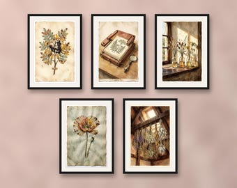 Set of 5 herbarium prints, pressed botanical wall art, cottagecore dried flower prints for living room decor