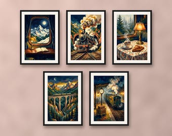 Set of 5 night train wall art prints, retro railway travel posters, alpine mountain landscape room decor