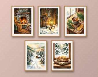 Set of 5 winter cabin prints, cozy hygge wall art, snowy forest landscape, fireplace and mountain cottage instant download