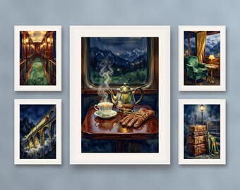Set of 5 night train wall art prints, retro luxury sleeper carriage decor, cozy alpine travel and moody landscape posters