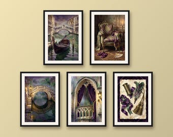 Set of 5 prints Venetian palace and misty canals, baroque dark plum and antique brass wall art, moody Venice prints