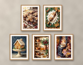Set of 5 gingerbread Christmas prints, cozy winter kitchen wall art, cottagecore holiday bakery decor