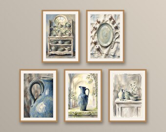 Set of 5 ceramic wall art prints, rustic farmhouse earthenware pottery posters, French country dining room and kitchen decor