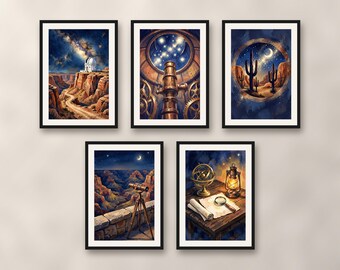 Set of 5 desert observatory prints, night sky and telescope wall art, astronomy stargazing office and living room decor