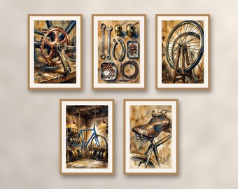 Set of 5 bicycle prints retro bike workshop wall art, cycling mechanic garage decor, petrol blue and ochre industrial posters