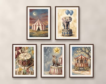 Set of 5 circus nursery wall art prints, whimsical vintage circus tent baby animals prints, soft pastel playroom decor