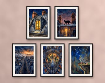 Set of 5 Paris rooftops at dusk prints, blue and gold urban wall art, moody cityscape printable decor for office and living room