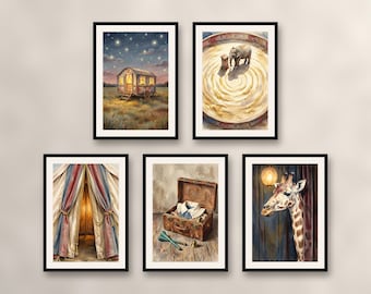 Set of 5 circus tent wall art prints, bedtime nursery caravan decor, sleepy elephant and giraffe posters slate blue