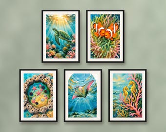Set of 5 coral reef prints and tropical ocean wall art, colorful sea life posters for coastal living room and modern nursery