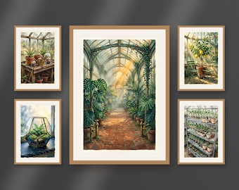 Set of 5 Victorian greenhouse art prints, botanical conservatory wall art, winter garden, plant prints download