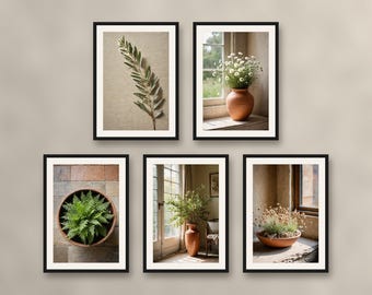 Set of 5 botanical wall art prints, spring nature photo gallery set, terracotta beige linen prints for living room