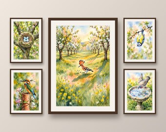 Set of 5 blooming orchard bird wall art prints, rustic ornithology posters, botanical garden and farmhouse kitchen decor