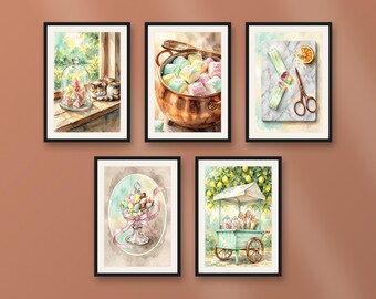 Set of 5 sweet confectionery wall art prints, pastel kitchen decor, nostalgic candy and marshmallow illustrations