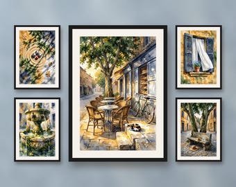 Set of 5 Provence village square under plane trees posters, southern France wall art prints, sunny summer home decor