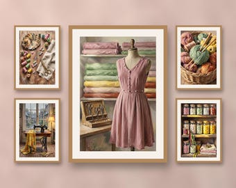 Set of 5 sewing room wall art prints, craft studio poster set, laundry room decor, retro textile art, spool and sewing machine prints